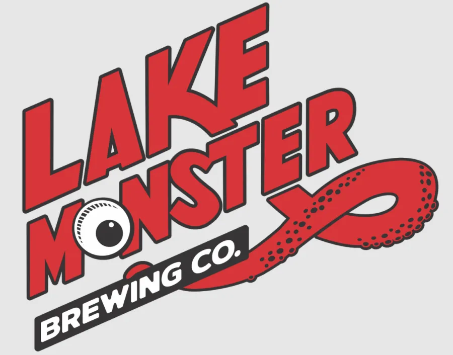 Lake Monster Brewing Co logo, red lettering with an eye for the "o" and a tentacle coming from the "e" in "monster"